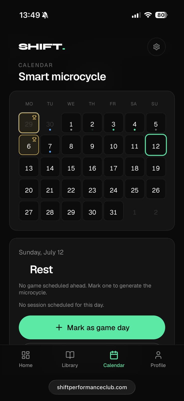 Smart microcycle calendar with game days and rest marked