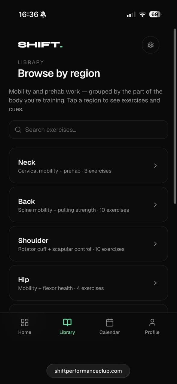 Exercise library grouped by body region
