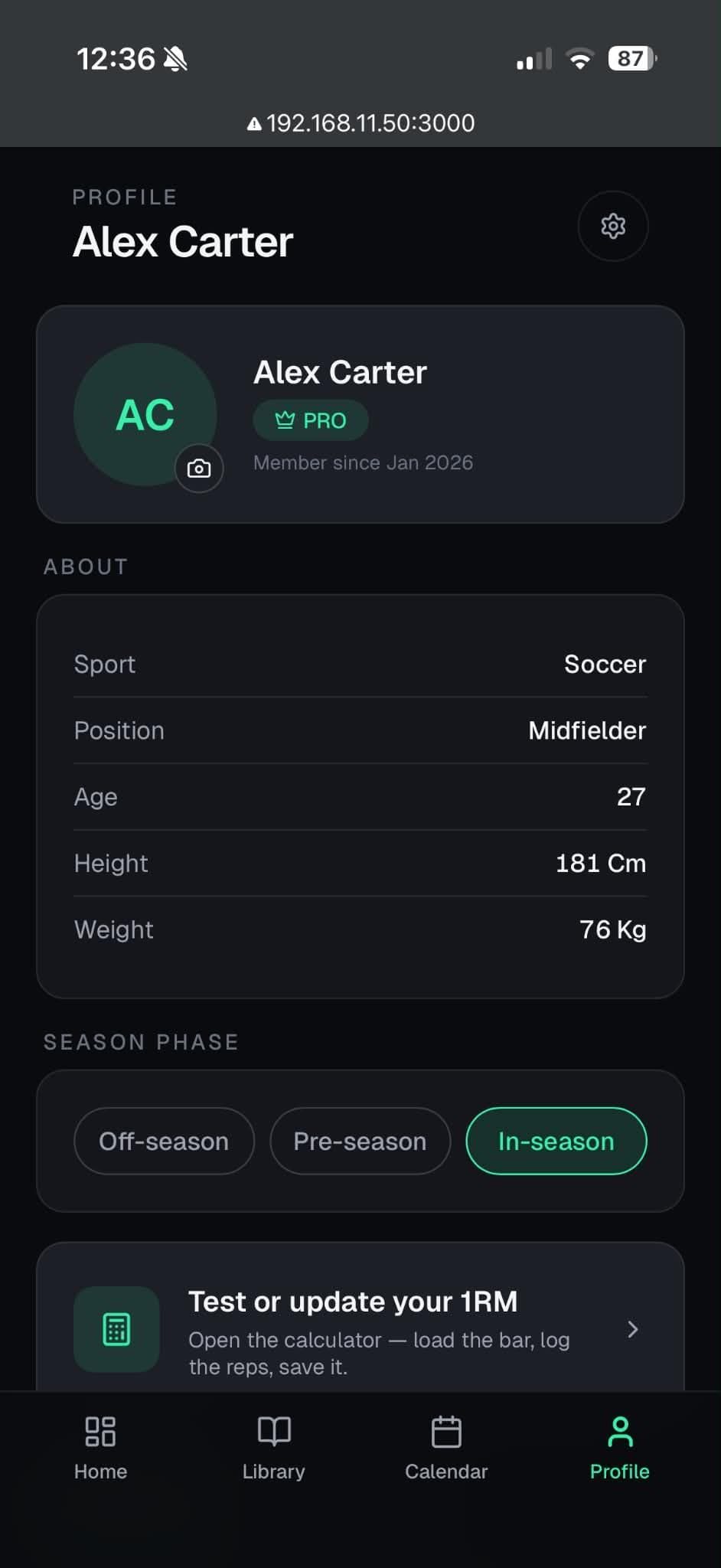 Athlete profile with 1RM history and subscription tier